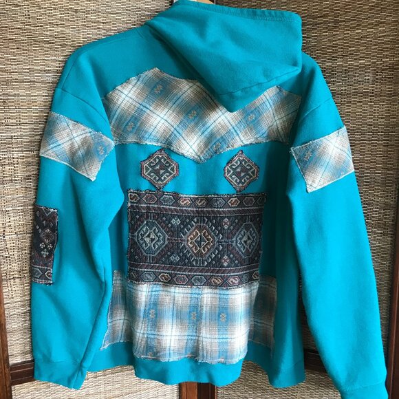 Upcycled Patchwork Jacket, Size L: Teal Tribal Zip-Up Hoodie, Southwest Aztec - Picture 15 of 16